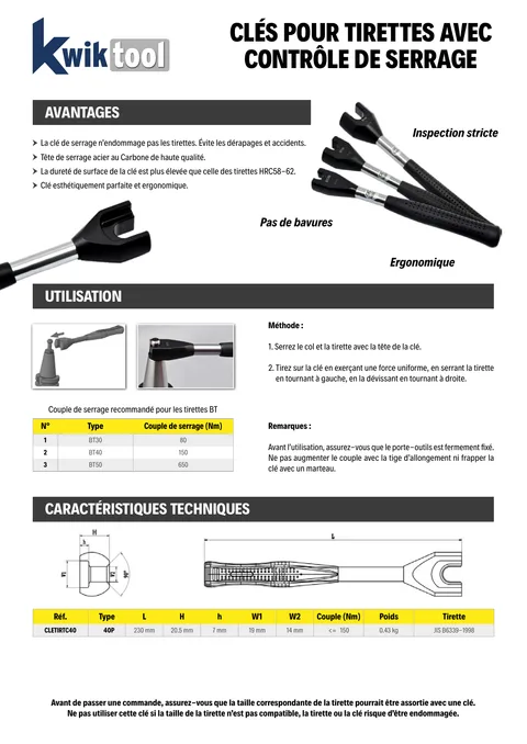 Couverture du catalogue Clés pour tirettes avec contrôle de serrage